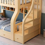 Natural Finish Modern Wood Bunk Bed with Bookcase, Ladder, and Storage Drawers