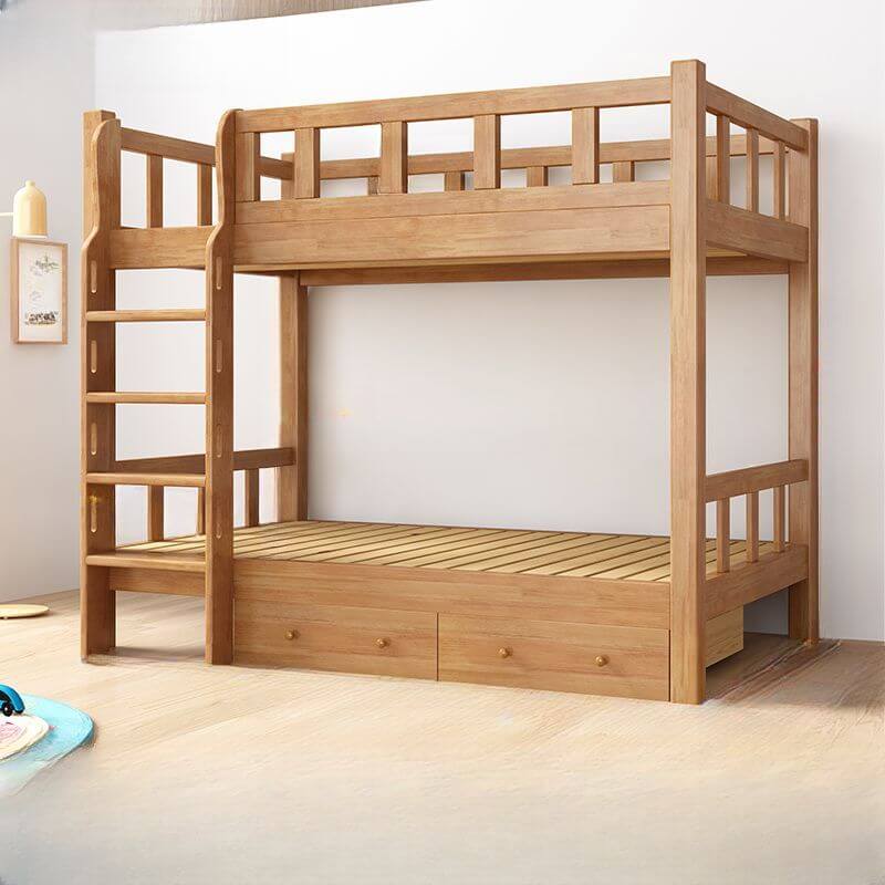 Natural Finish Modern Wood Bunk Bed with Ladder for Kids