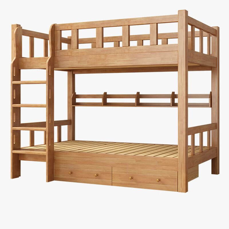 Natural Finish Modern Wood Bunk Bed with Ladder for Kids