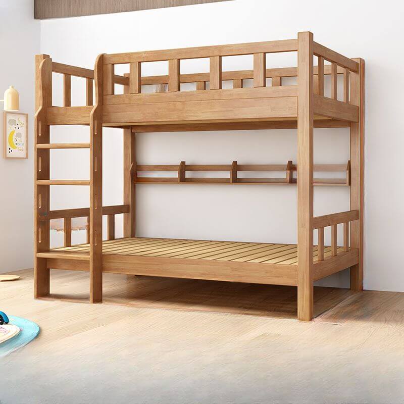 Natural Finish Modern Wood Bunk Bed with Ladder for Kids