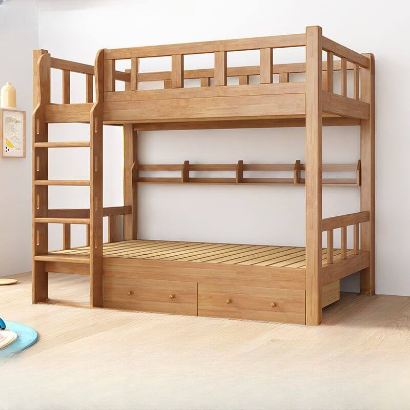 Natural Finish Modern Wood Bunk Bed with Ladder for Kids