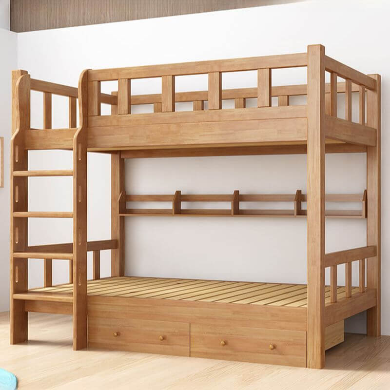 Natural Finish Modern Wood Bunk Bed with Ladder for Kids