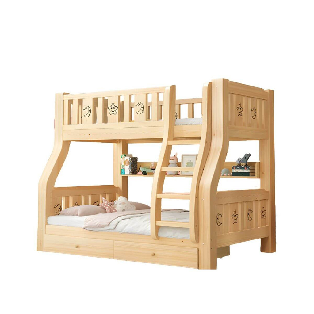 Natural Finish Wood Bunk Bed with Drawers and Mattress