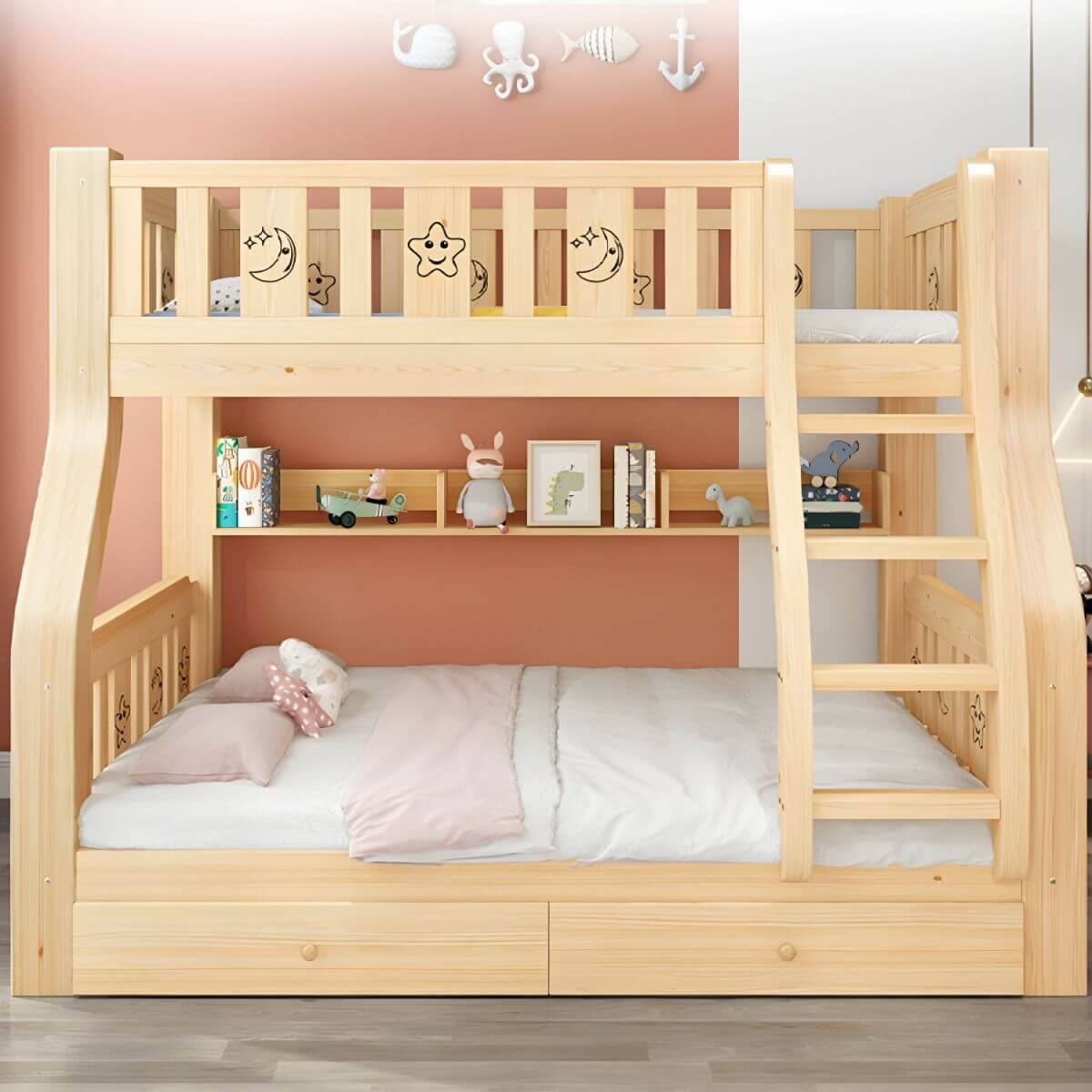 Natural Finish Wood Bunk Bed with Drawers and Mattress Secondary image