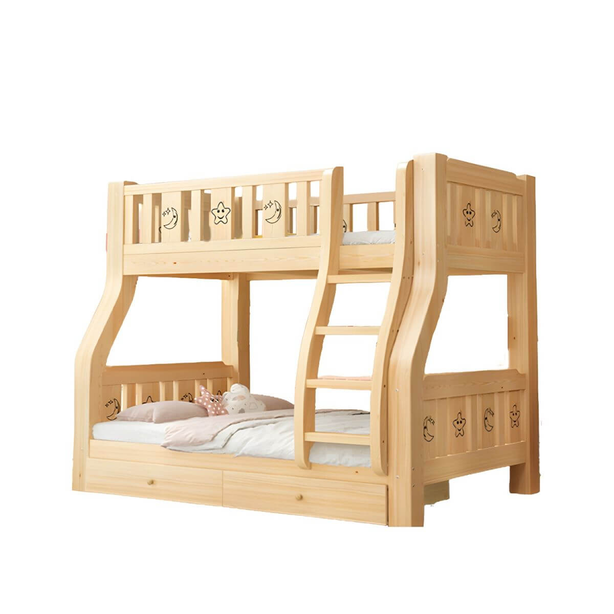 Natural Finish Wood Bunk Bed with Drawers and Mattress