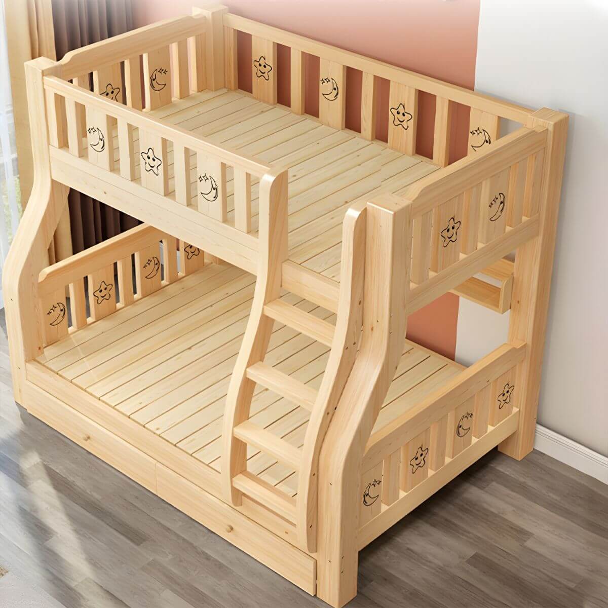 Natural Finish Wood Bunk Bed with Drawers and Mattress