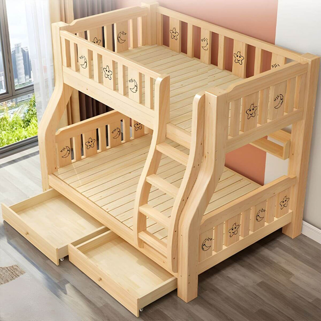 Natural Finish Wood Bunk Bed with Drawers and Mattress
