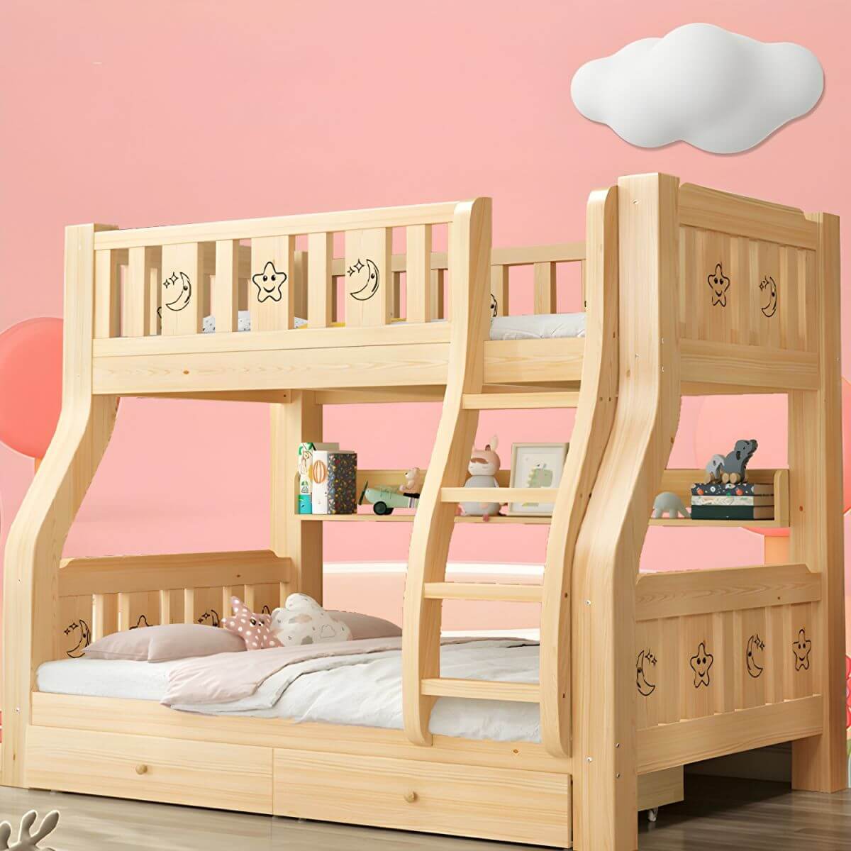 Natural Finish Wood Bunk Bed with Drawers and Mattress