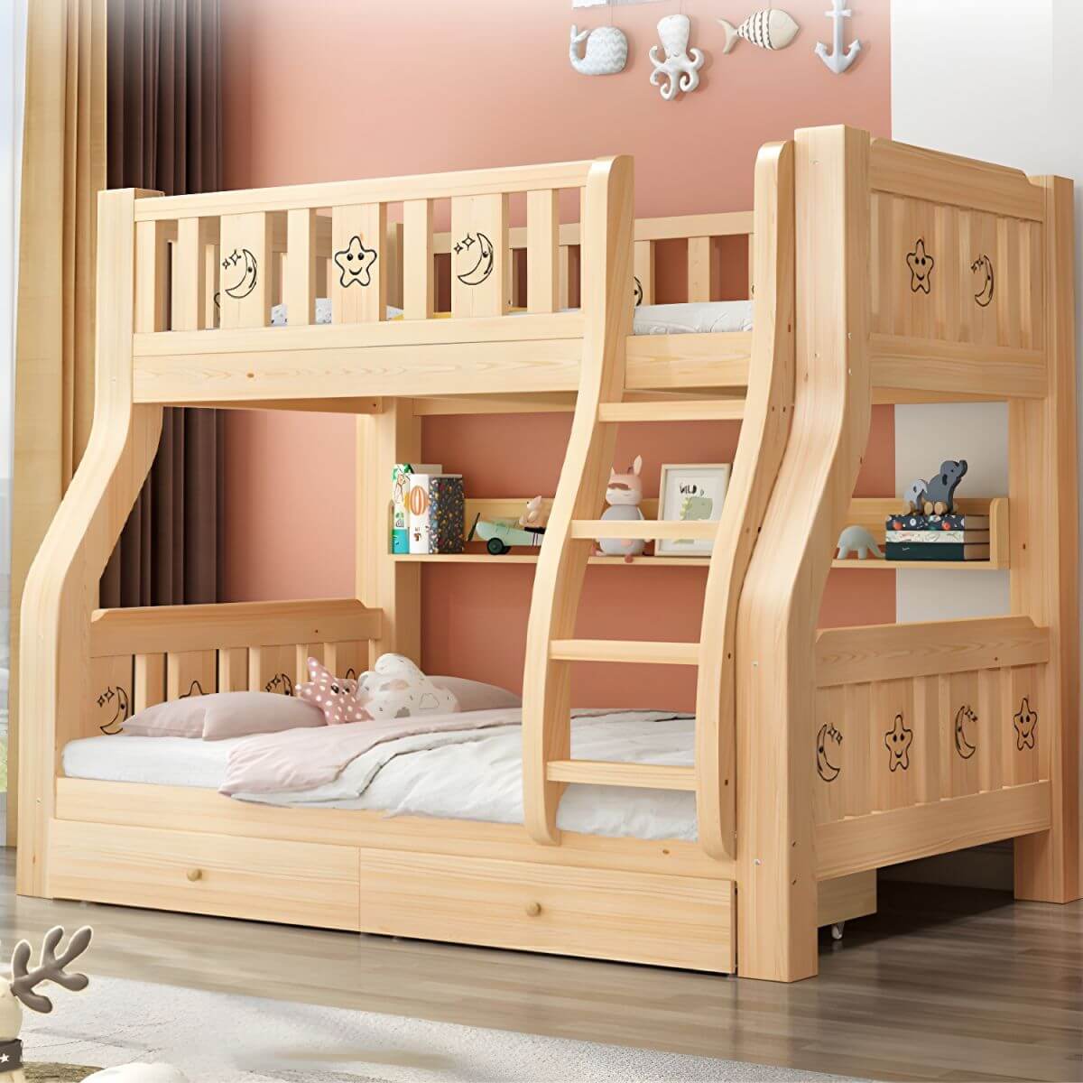Natural Finish Wood Bunk Bed with Drawers and Mattress Main Product Image Main image