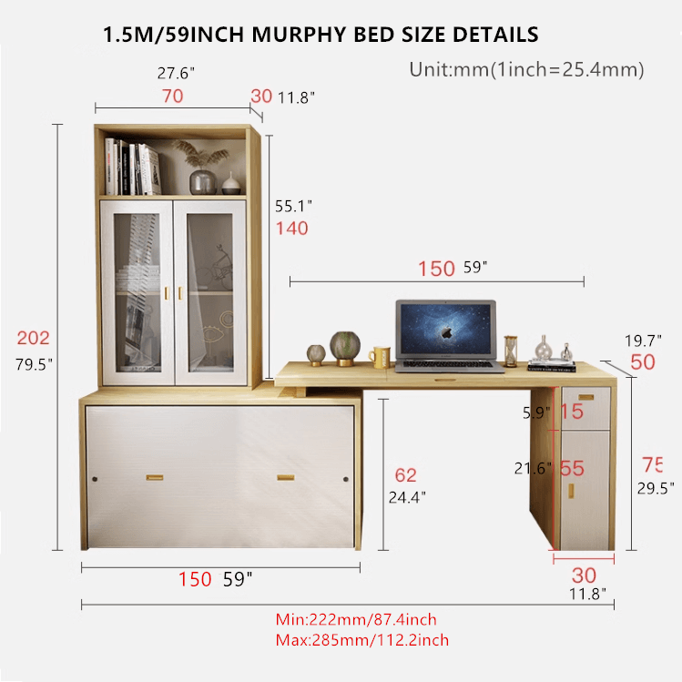 Natural Murphy Bed with Desk & Wall Shelf, 1.5M