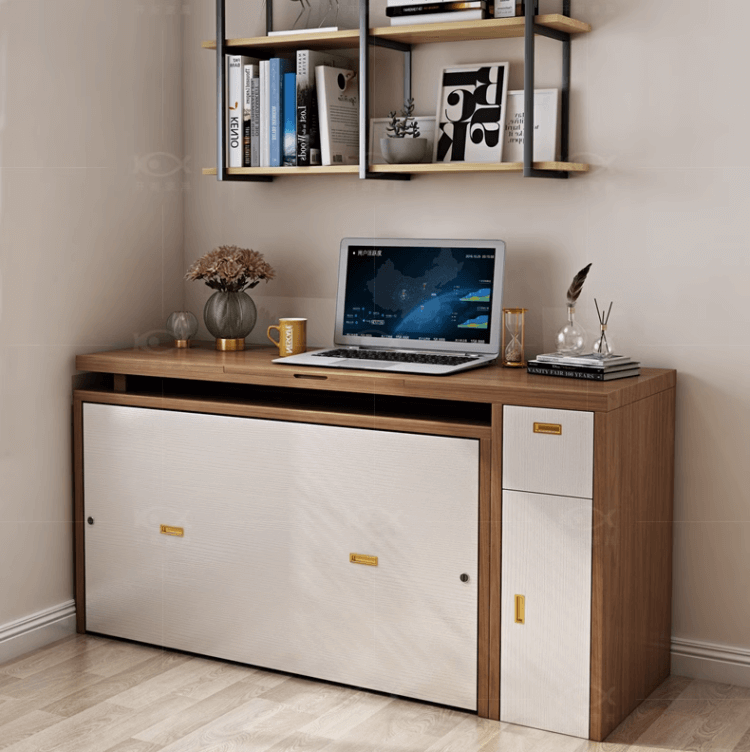 Natural Murphy Bed with Desk & Wall Shelf, 1.5M