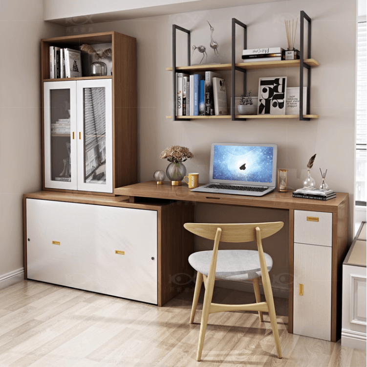 Natural Murphy Bed with Desk & Wall Shelf, 1.5M