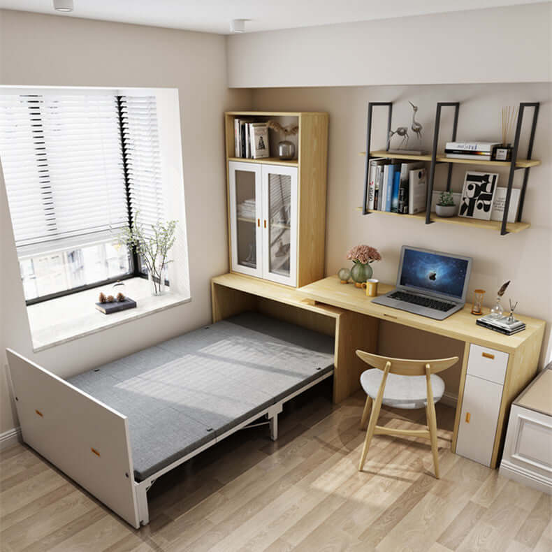 Natural Murphy Bed with Desk & Wall Shelf, 1.5M