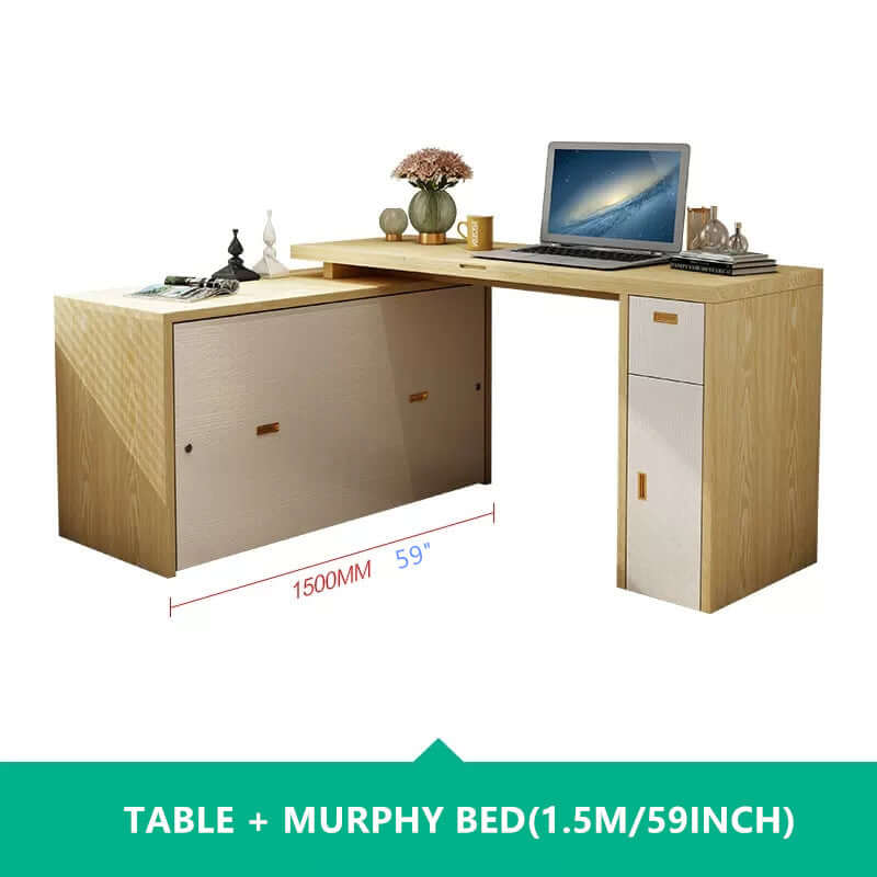 Natural Murphy Bed with Desk & Wall Shelf, 1.5M