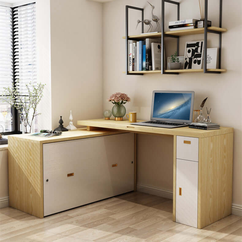 Natural Murphy Bed with Desk & Wall Shelf, 1.5M