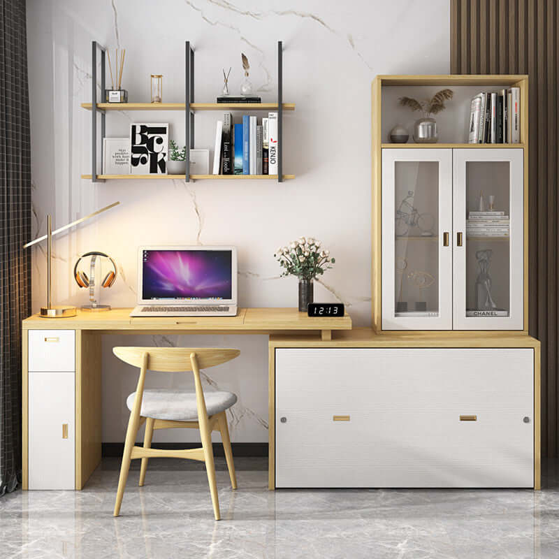 Natural Murphy Bed with Desk & Wall Shelf, 1.5M Image principale du produit