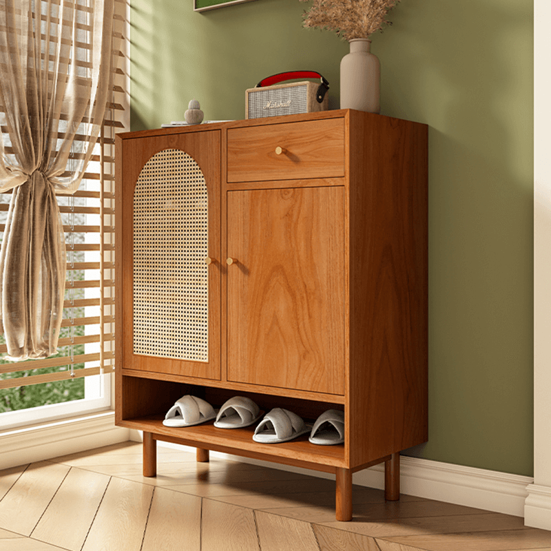 Natural Rattan Pinewood Shoe Cabinet With Adjustable Shelves