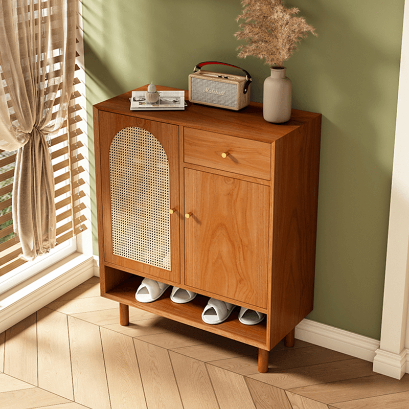 Natural Rattan Pinewood Shoe Cabinet With Adjustable Shelves