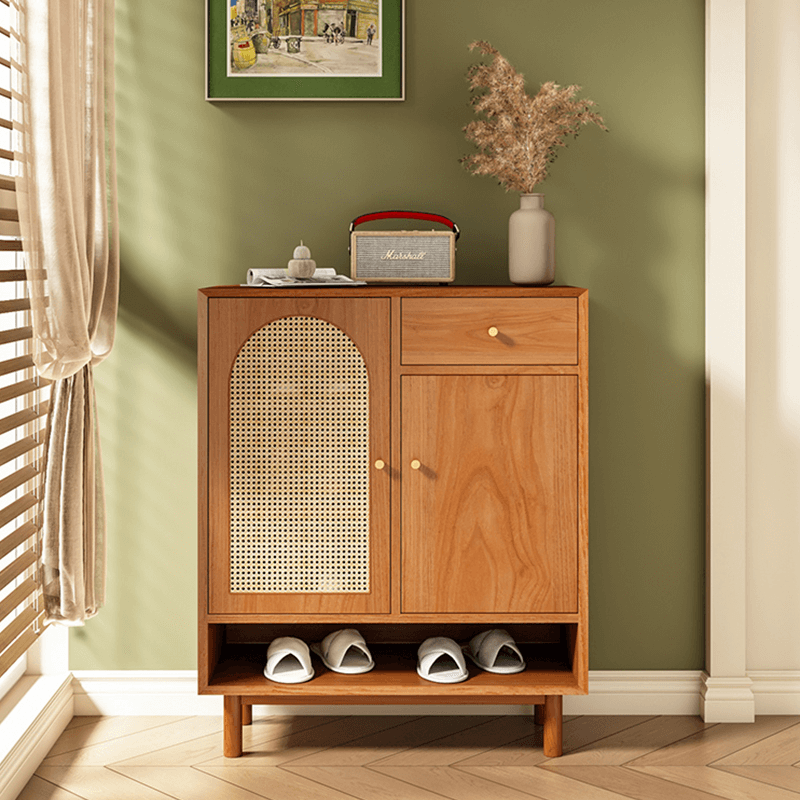 Natural Rattan Pinewood Shoe Cabinet With Adjustable Shelves