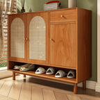 Natural Rattan Pinewood Shoe Cabinet With Adjustable Shelves