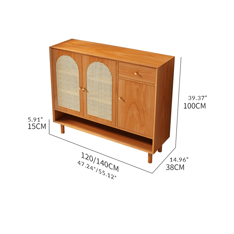 Natural Rattan Pinewood Shoe Cabinet With Adjustable Shelves