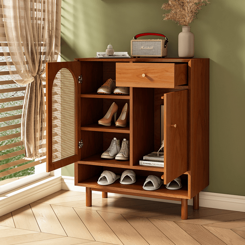 Natural Rattan Pinewood Shoe Cabinet With Adjustable Shelves