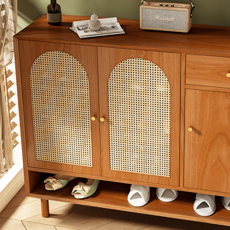Natural Rattan Pinewood Shoe Cabinet With Adjustable Shelves