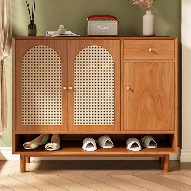 Natural Rattan Pinewood Shoe Cabinet With Adjustable Shelves