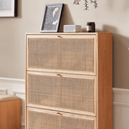 Natural Rattan Wooden 3-Tier Shoe Rack Cabinet Series