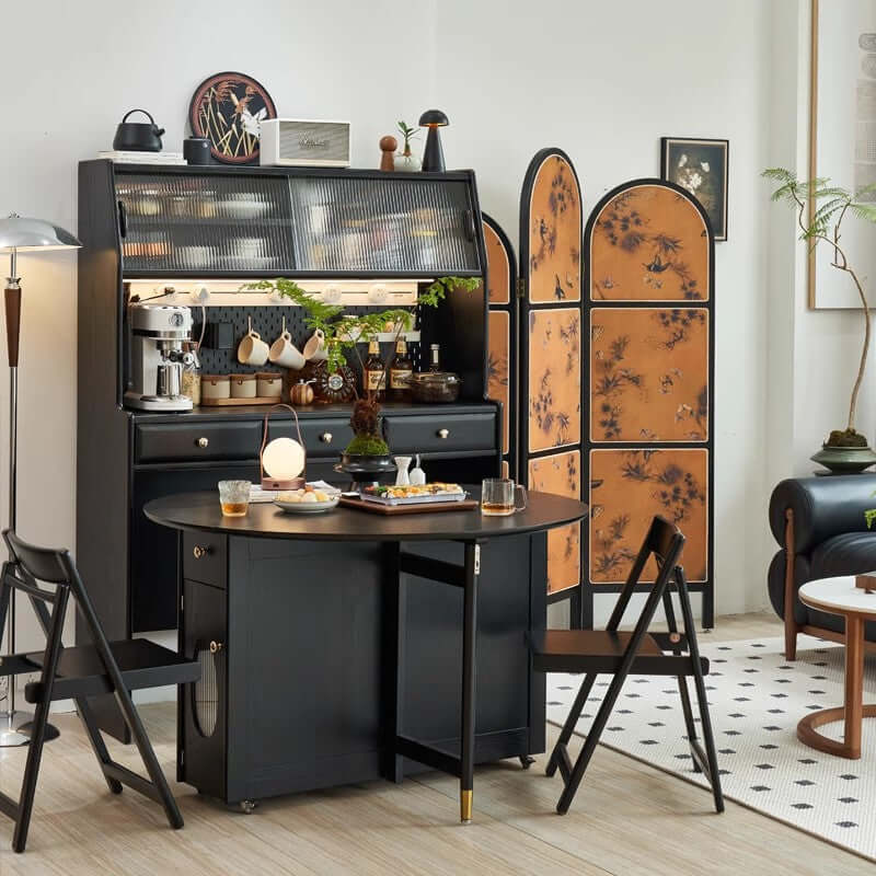 Natural Round Folding Dining Set With Chairs And Cabinet