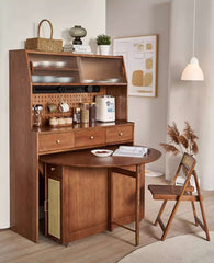 Natural Round Folding Dining Set With Chairs And Cabinet