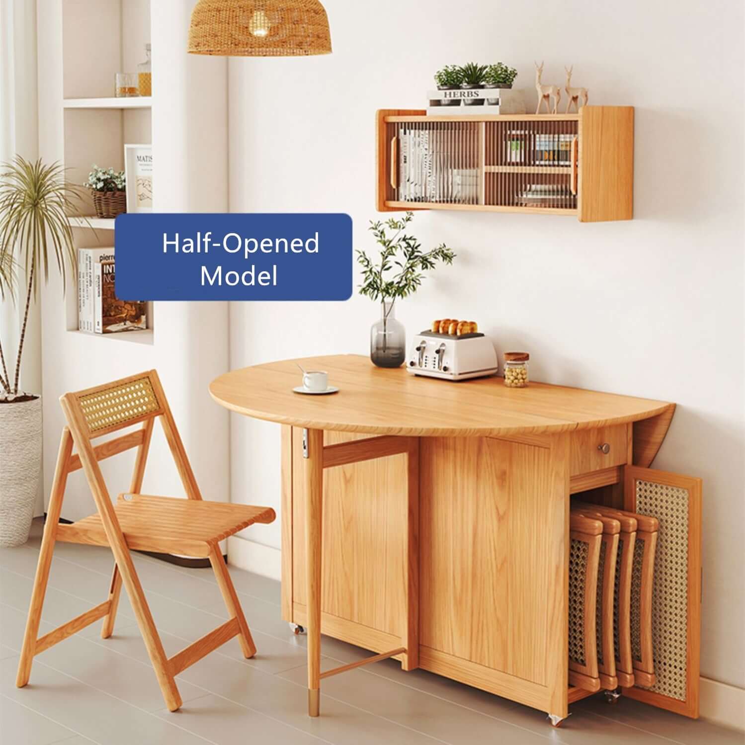 Natural Round Folding Dining Set With Chairs And Cabinet