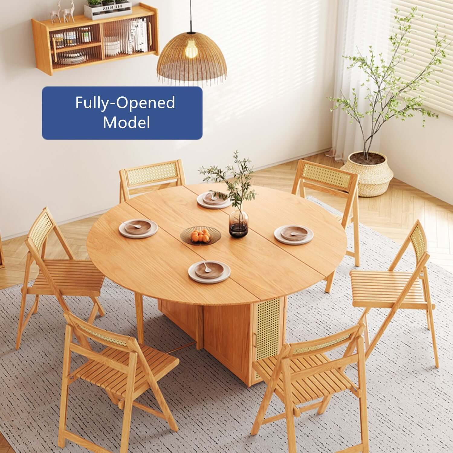Natural Round Folding Dining Set With Chairs And Cabinet