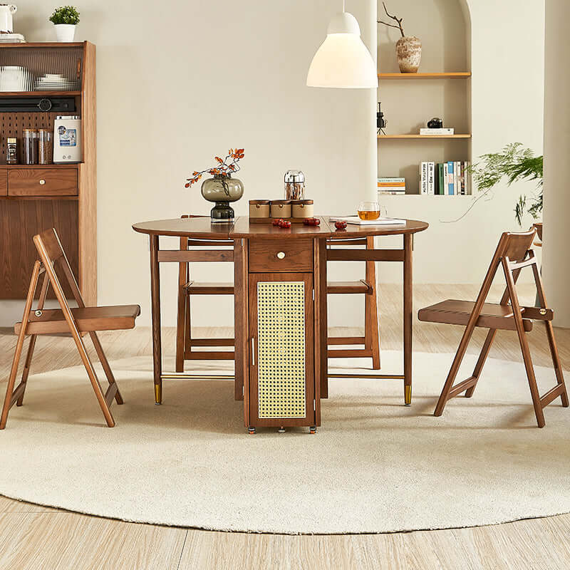 Natural Round Folding Dining Set With Chairs And Cabinet