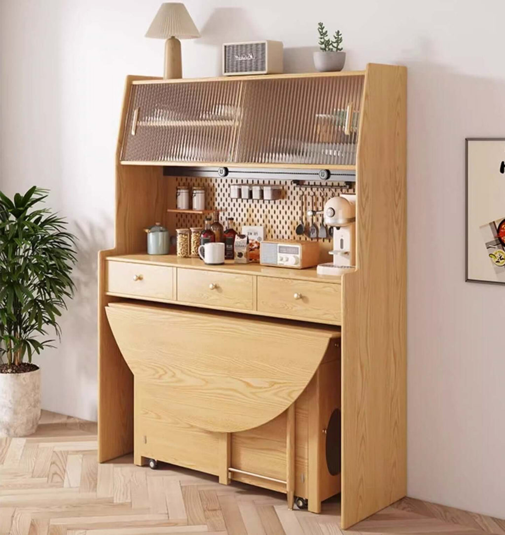 Natural Round Folding Dining Set With Chairs And Cabinet