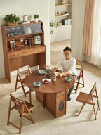 Natural Round Folding Dining Set With Chairs And Cabinet
