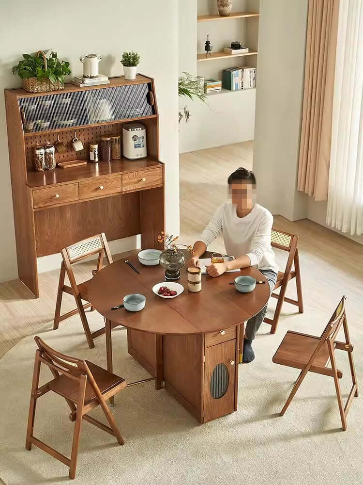 Natural Round Folding Dining Set With Chairs And Cabinet