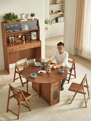 Natural Round Folding Dining Set With Chairs And Cabinet