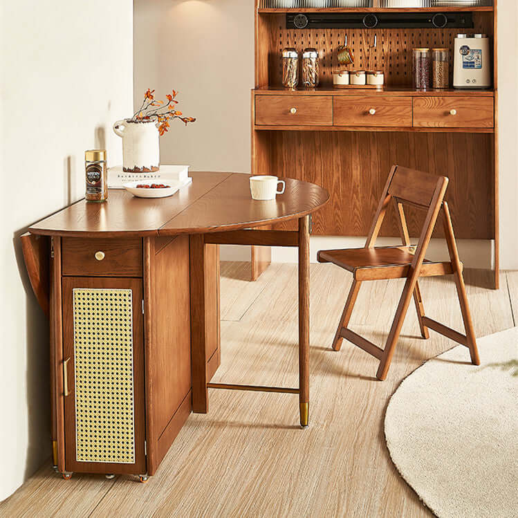 Natural Round Folding Dining Set With Chairs And Cabinet