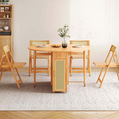 Natural Round Folding Dining Set With Chairs And Cabinet