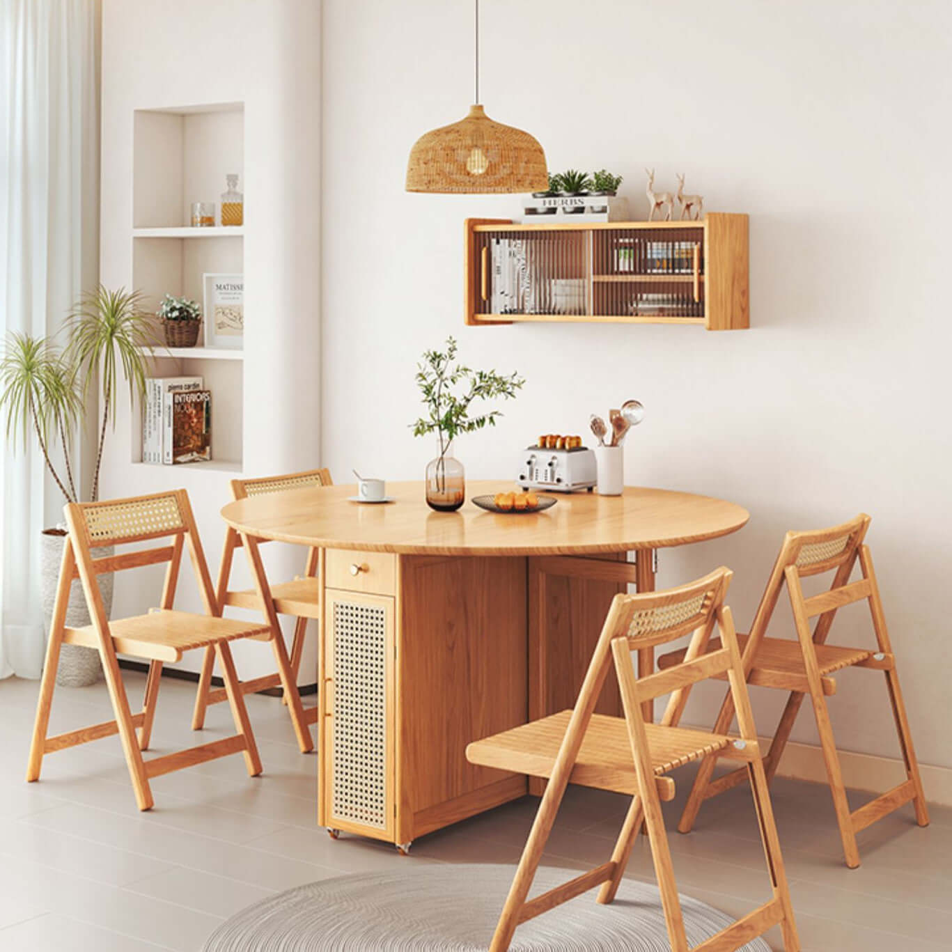 Natural Round Folding Dining Set With Chairs And Cabinet