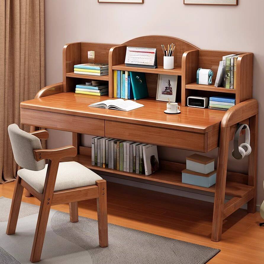 Natural Rubberwood Kids Writing Desk with Hutch and Dual Drawers