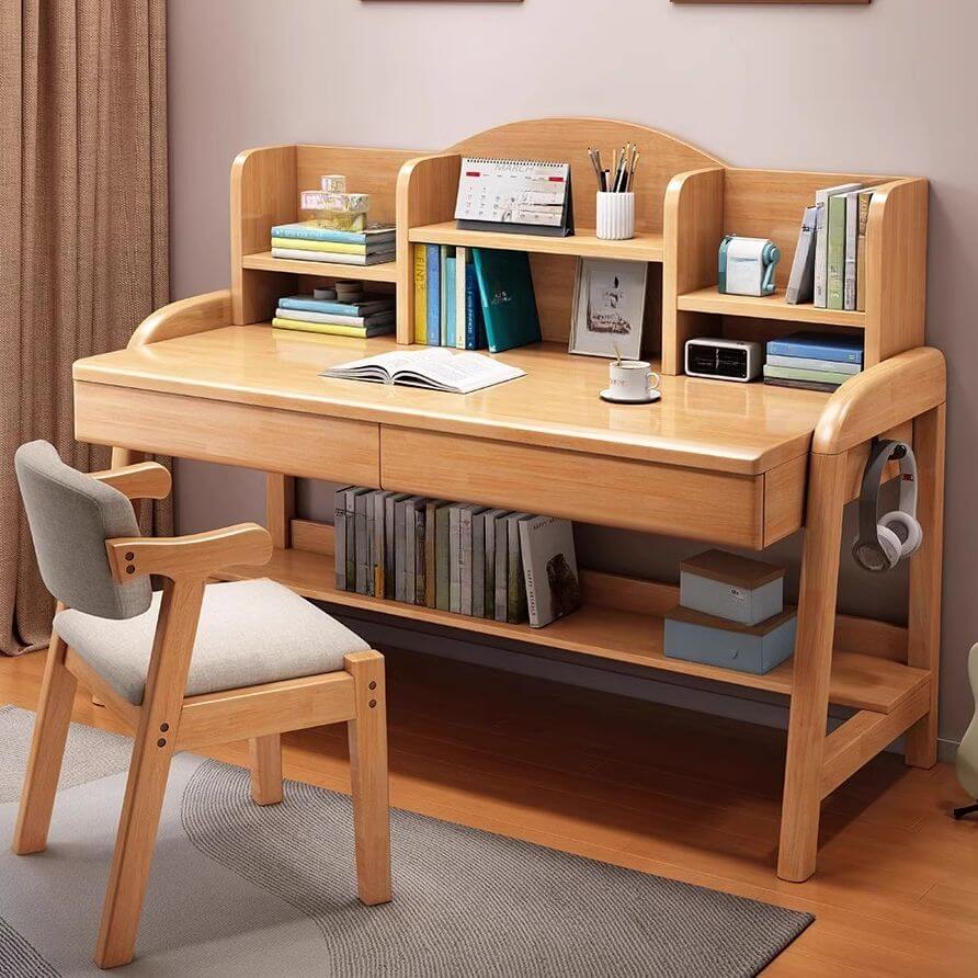 Natural Rubberwood Kids Writing Desk with Hutch and Dual Drawers Main Product Image Main image