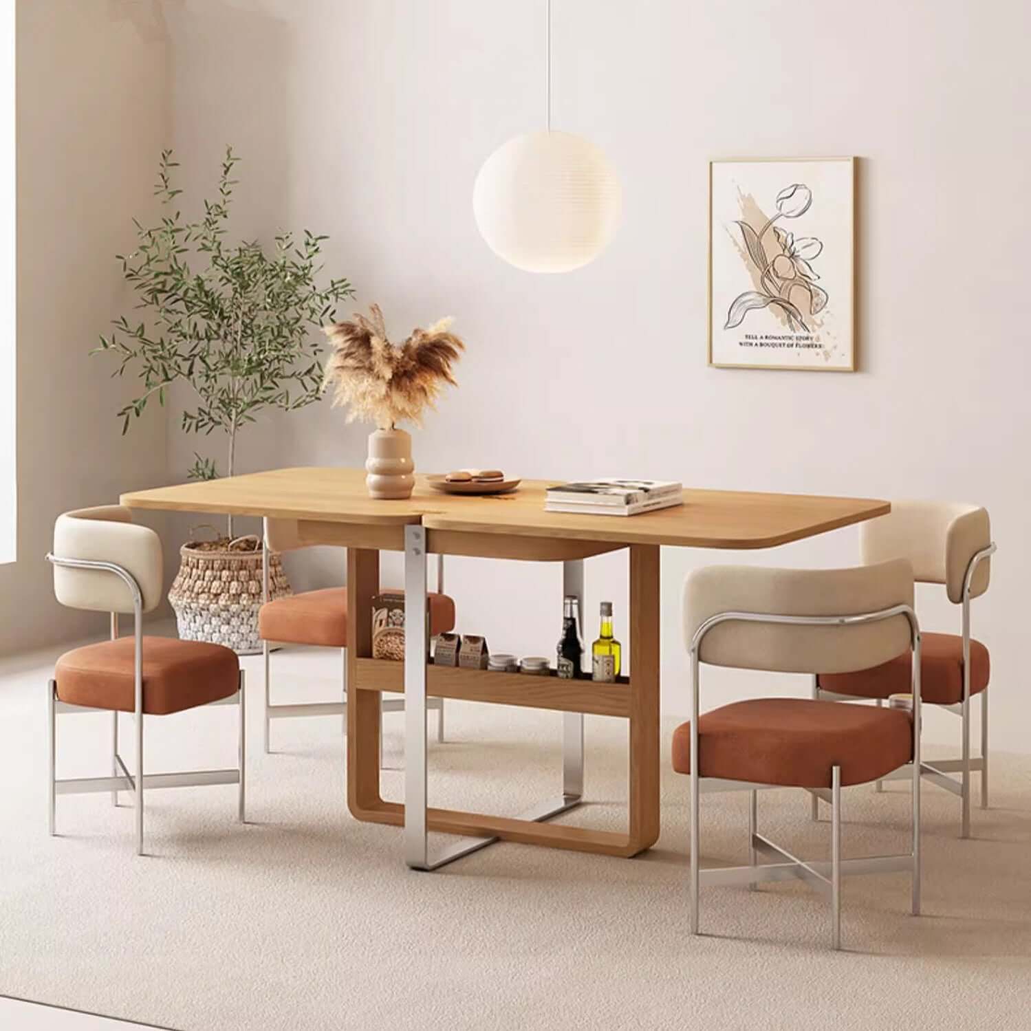 Natural Solid Wood Extendable Dining Table + 4 Chairs