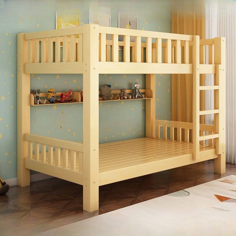 Natural Wood Bunk Bed with Storage Drawers and Ladder