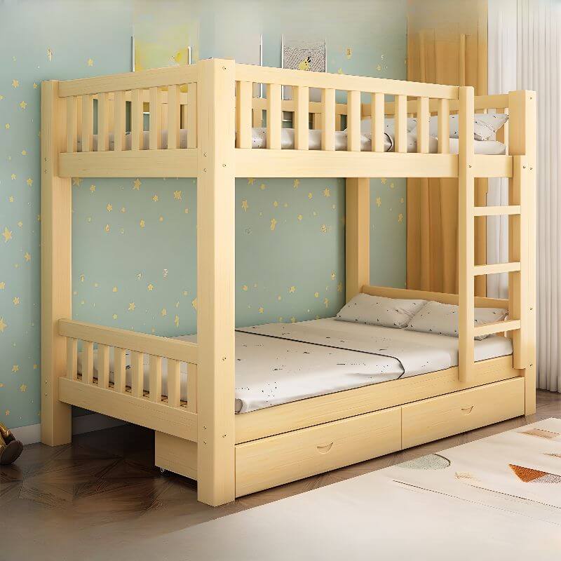 Natural Wood Bunk Bed with Storage Drawers and Ladder
