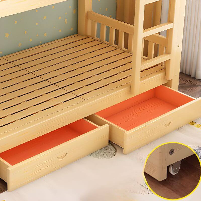 Natural Wood Bunk Bed with Storage Drawers and Ladder