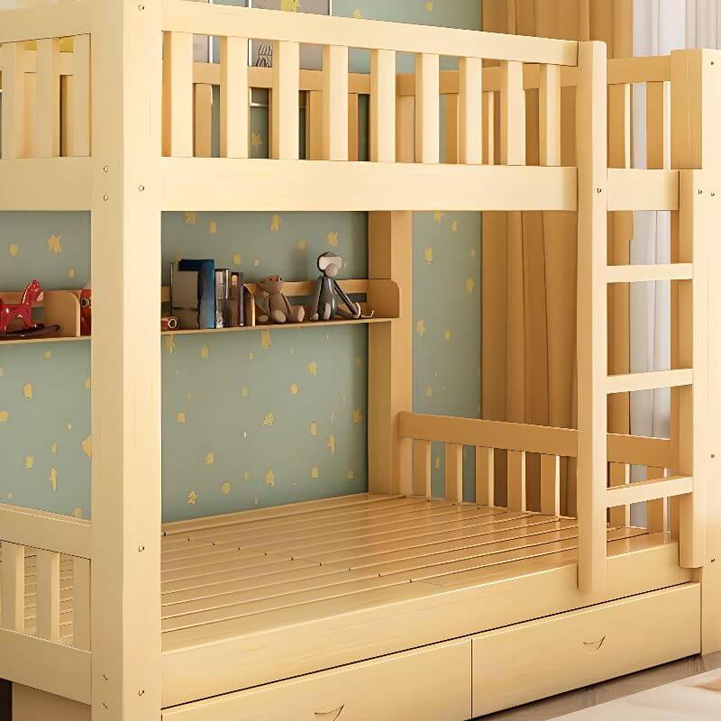 Natural Wood Bunk Bed with Storage Drawers and Ladder