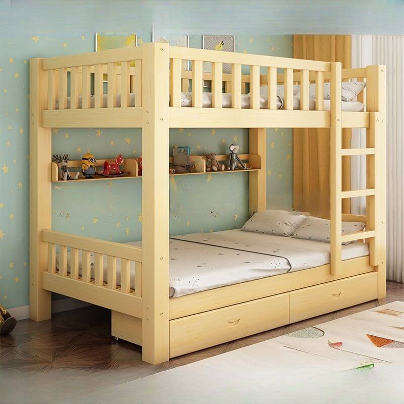 Natural Wood Bunk Bed with Storage Drawers and Ladder