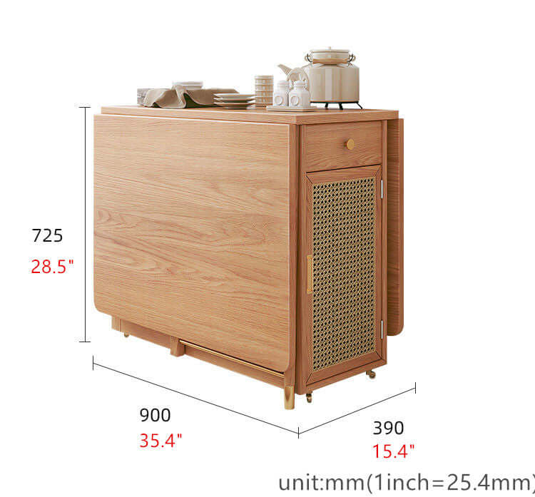 Natural Wood Folding Dining Table Set With Rattan Cabinet